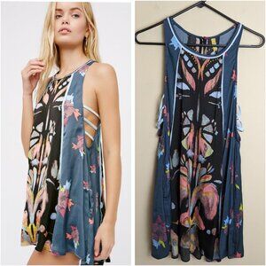 Free People size small floral dream free tunic top w/ cutout sides blue black